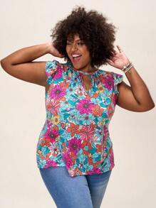 Comfylo Blusa de manga corta con estampado floral colorido de estilo bohemio para mujer de talla grande, ideal para primavera, festivales y estilo "Old Money" - Multicolor - Ver 4