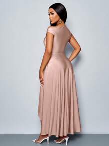 SOLERSUN Thời trang xuân hè cho nữ, tiệc sang trọng, màu tím, chất liệu dệt kim co giãn, thoải mái, chi tiết xếp nếp, váy dài xẻ tà, cổ áo bất đối xứng, viền bất đối xứng - Hồng - Xem 2