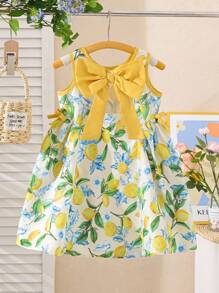 SHEIN Explorewe Young Girl Cute Floral 3D Decor Sleeveless Dress, Girls Tailored 3D Cut Design Fit For Summer Casual, Garden, School Wear Girls Lemon Dress Little Girls Lemon Dress Yellow Girls Dress Girls Bow Dress Lemon Print Dress Girls Girls Lemon Print Dress Yellow Lemon Print Dress - Yellow - View 2