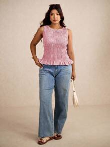 Elaquor 大码女式条纹褶饰下摆圆领吊带背心 - 紅色 - 查看 3