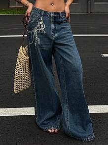 Quần Jeans Ống Thẳng Rộng Đơn Giản In Họa Tiết Xích Cho Nữ, Phong Cách Đường Phố - Rửa trung bình - Xem 6