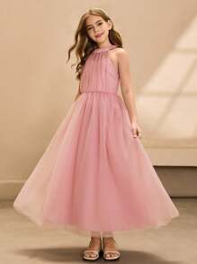 女童礼服公主风格无袖生日派对薄纱礼服，适合花童/婚礼/钢琴演奏会 - 粉色 - 查看 4