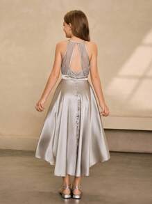 婚礼季女童蕾丝拼接雪纺前短后长高端连衣裙，适合舞会、生日派对、毕业典礼、万圣节的短款礼服 - 灰色 - 查看 2