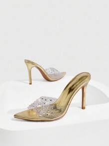 CUCCOO SZL Women Transparent TPU Rhinestone-Embellished Metal Pointed Toe Sexy Fashion Mule High Heel Sandals - Gold - View 6