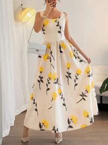 Elenzga 女式夏季度假花卉印花圆领束腰长裙 - 彩色 - 查看 7