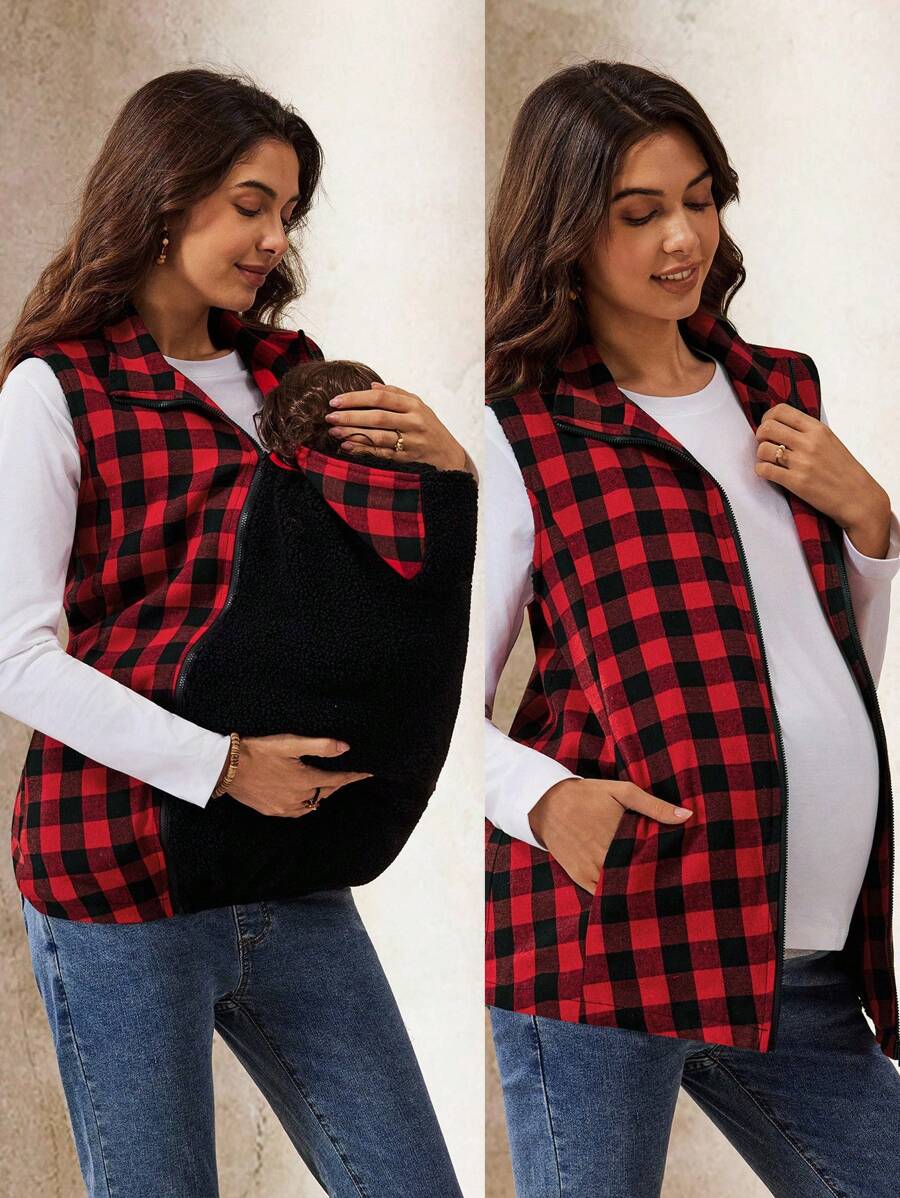 Boho Mama Maternity Plaid Zipper Front Sleeveless 3-In-1 Jacket  Fall Clothes Boho Maternity Fall Winter Clothes - Red - View 1