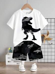 SHEIN Leap Crew 2pcs Baby Boy Cartoon Dinosaur & Camo Print Casual Round Neck Short Sleeve Top And Shorts Set, Summer - Multicolor - View 3