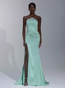 Elitara 优雅蓝绿色缎面不对称露肩高领水钻装饰高腰鱼尾连衣裙，侧高开衩，适合约会、生日派对、舞会、毕业典礼、婚礼、正式场合 - 霧霾藍 - 查看 2