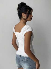 Aloruh 女式 Fairy Grunge 泡泡袖短袖衬衫，复古蕾丝边白色衬衫 - 白色 - 查看 3