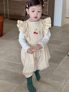 DAZY Baby Girls Ruffled Casual Cartoon Embroidery Solid Color Cute Fresh Jumpsuit Toddler Girls Clothes - Apricot - View 6