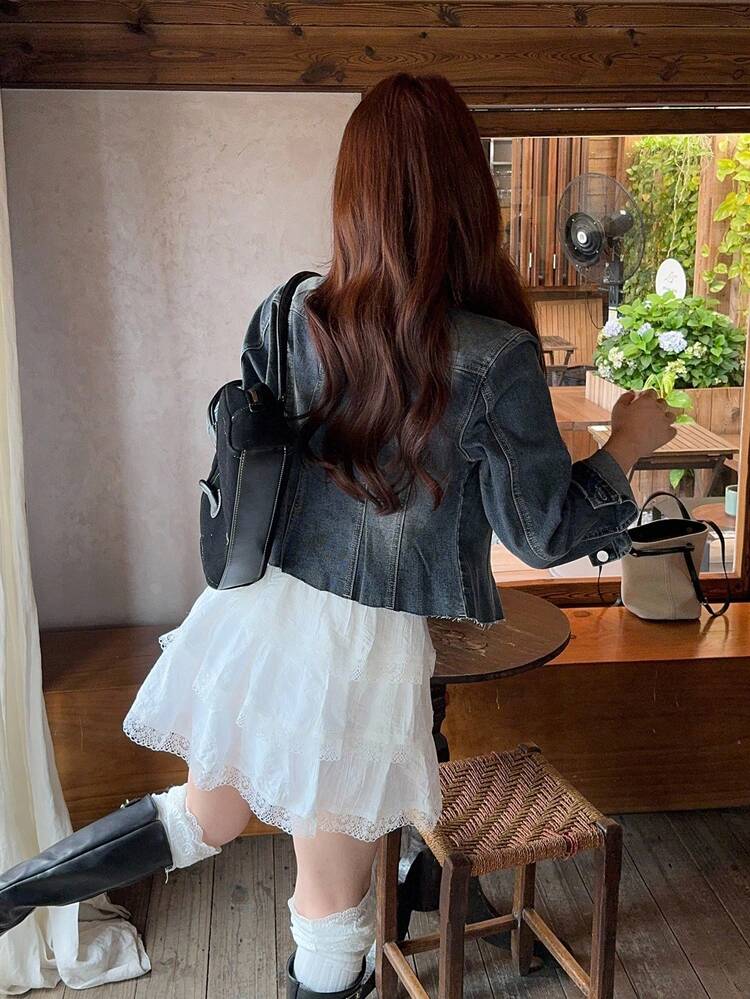 Women Korean Style Distressed Casual Denim Top,Jeans Jacket,Fall Women Clothes Long Sleeve Women