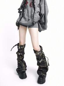 ROMWE Grunge Punk 一双朋克风不对称迷彩印花腿套，哥特式时尚腿套，带绑带和角状设计，适合日常穿着和节日派对装扮，配有金属扣装饰。 - 彩色 - 查看 4