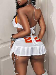 BamGleam Graphic Print  Women Numeric Printed Cropped Halter Top And Mini Skirt Sexy 2 Pieces Set