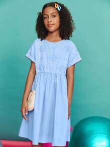 Leap Crew Leap Crew 青少年女孩休闲简约舒适圆领短袖收腰镂空侧边修身连衣裙 - 藍色 - 查看 4