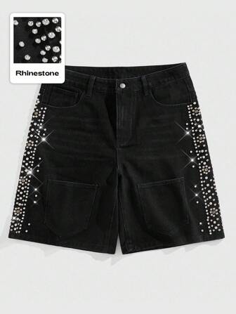 ROMWE Avant Herren Sommer Lässige Streetwear Stil Denim Shorts mit Strass-Applikationen und Taschen