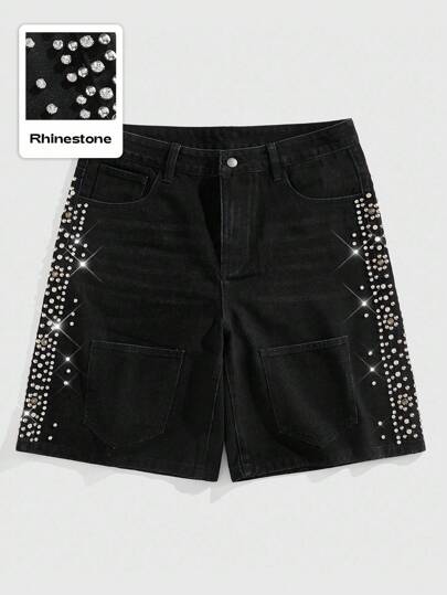ROMWE Avant Shorts vaqueros de verano casuales y urbanos para hombres con aplicaciones de piedras rhinestone y bolsillos