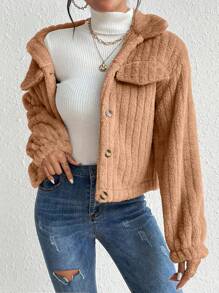 EMERY ROSE 女式休闲街头时尚纯色宽松落肩翻盖细节羊毛夹克，秋冬 - 卡其色 - 查看 4