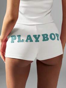 Missguided x Playboy Quần short mini cạp cao có gân vừa vặn, mặc ở nhà thoải mái, đi biển mùa hè - trắng - Xem 5