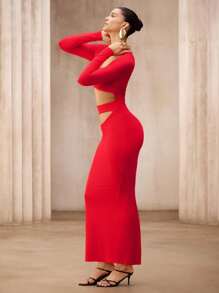 SHEIN Unity Áo len bó sát gợi cảm dài tay cho nữ có thiết kế băng đô, váy maxi cạp cao màu trơn theo phong cách châu Âu và Mỹ, màu đỏ - Đỏ - Xem 6