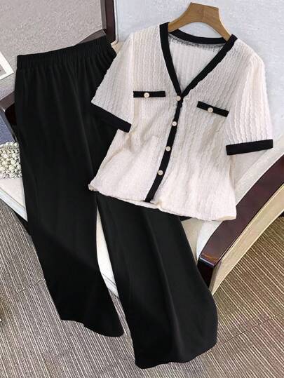 GlowEve CURVE 2 件套大码女士时尚优雅珍珠纽扣装饰短袖上衣和长裤