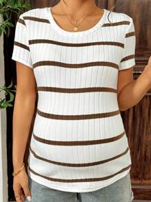 SHEIN Camiseta casual de maternidade com listras e estampa de gola redonda e manga curta