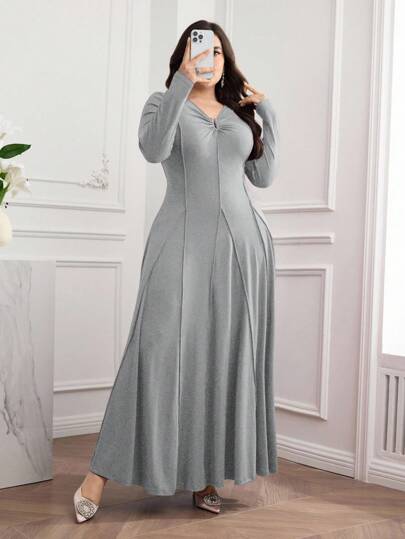 Mulvari Plus Size Women V-Neck Long Sleeve Elegant Solid Color Dress