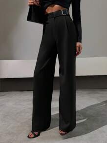 SHEIN Elegant Style, Half Faux Leather Belt Detailed Straight Fit Pant