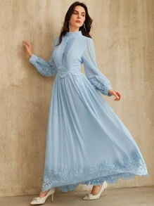 Anewsta Elegant French Style Patchwork Embroidered Lace Design Blue Dress For Women - Blue - View 1