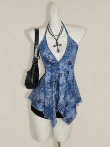 SHEIN ICON Women's Vacation Bohemian Style Floral & Butterfly Print Halter Neck Camisole Blue Floral Top Blue Summer Top Butterfly Print Top Blue Halter Top Women Bandana Top,Off The Shoulder Top