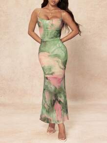 SHEIN PETITE Váy bó in họa tiết tie-dye thanh lịch dành cho nữ, mùa hè - màu xanh lá - Xem 7