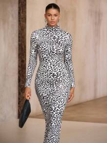 Avenne Vestido largo ajustado de cuello alto con estampado animal de manga larga, para mujer, para otoño/invierno