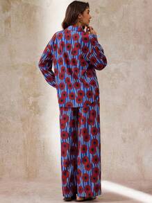 Boho Mama 2 pièces Ensemble de grossesse casual : chemise boutonnée à manches longues à rayures géométriques et pantalon ample