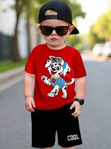 SHEIN Leap Crew 男宝宝休闲简约圆领短袖短裤套装，适合春夏季，含棉 - 彩色 - 查看 1