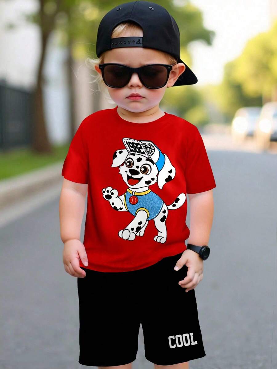 SHEIN Leap Crew 男宝宝休闲简约圆领短袖短裤套装，适合春夏季，含棉 - 彩色 - 查看 1