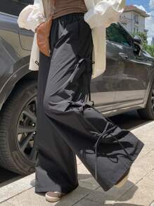 DAZY Women's Solid Color Elastic Waist Side Tie Front Pleated Loose Wide Leg Casual Pants Sweatpants - Black - View 1