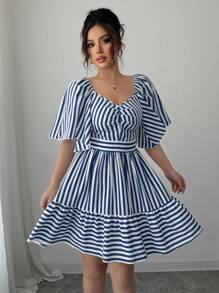 Elenzga 新款春夏蓝白条纹短袖优雅休闲修腰中长连衣裙 - 藏蓝色 - 查看 3