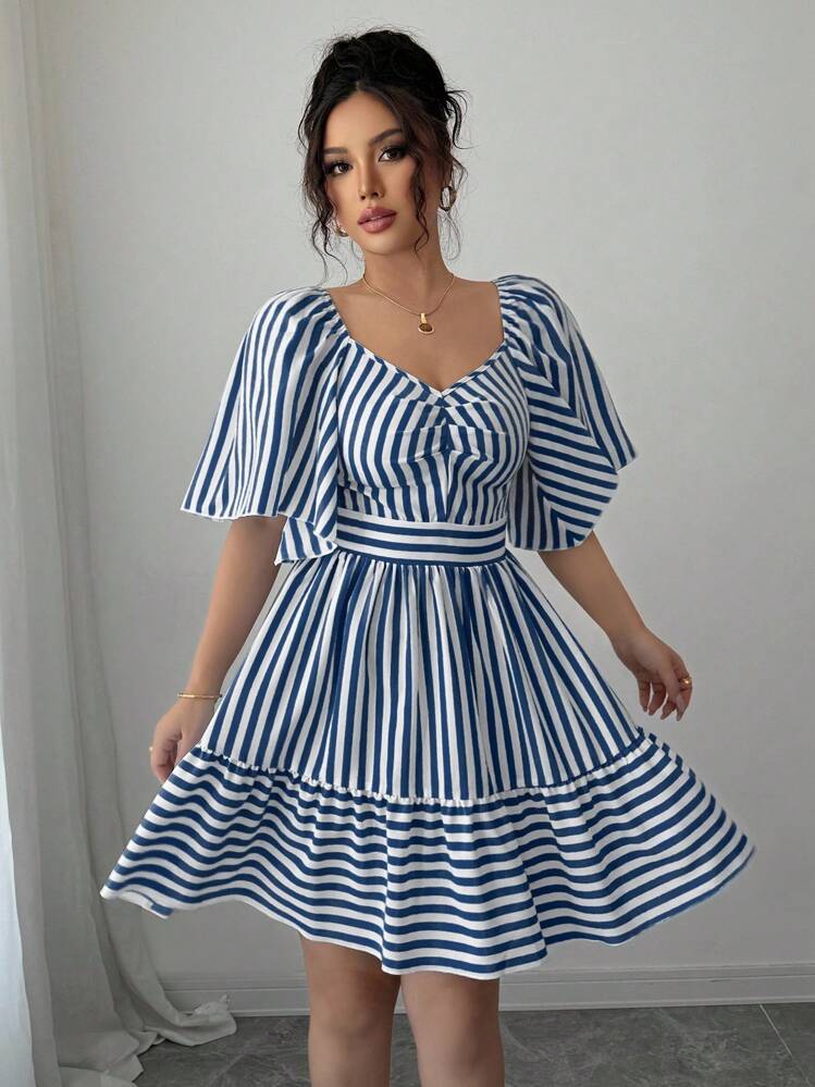 Elenzga 新款春夏蓝白条纹短袖优雅休闲修腰中长连衣裙 - 藏蓝色 - 查看 3