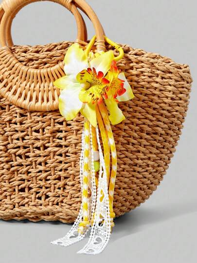 Kawaii 1pc Bohemian Tropical Flower Resort Beach Bag With Orchid Pendant Key Chain