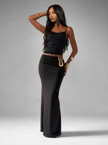 MISSGUIDED 高腰弹力修身长裙，侧面金色五金细节，及地长款晚会婚礼宾客夜间外出场合长款修身优雅时尚裙 - 黑色 - 查看 3