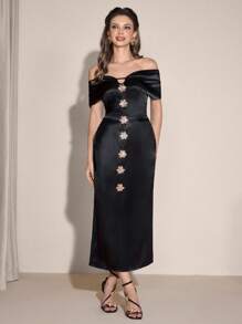 Poshira Women's Elegant Metal Decor Off Shoulder Midi Dress, Party Attire Black Midi Dress Satin Midi Dress Corset Midi Dress Off The Shoulder Midi Dress Black Satin Dress,Women Stylish Casual Fall Autumn Outfits, Cute Vintage Modest Women Outfits, Back To School School Outfits, Back To School Dresses, Women Teacher Outfits - Black - View 5