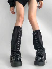 ROMWE Grunge Punk Adjustable Gothic Metallic Multi-Strap Leg Warmers, Punk Y2K Fashion Versatile Accessory Suitable For Vacation, Party, Outing, And Photoshoot, Halloween - Black - View 3