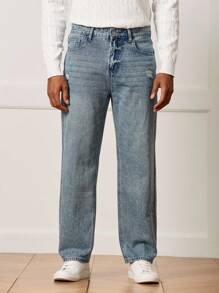 Manfinity CityGents Men's Casual Pocket Ripped Skinny Straight Leg Jeans Men Loose Fit Jeans - Medium Wash - View 4