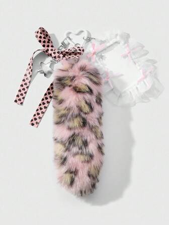 Grunge Punk 1 pièce Porte-carte, charm de sac à main Y2K rétro chic, sophistiqué, imprimé léopard rose en fausse fourrure, queue d'animal , nœud en forme de cœur, étoile CCB, bord en maille fleur, convient pour les travailleurs de bureau, les étudiants, l'usage quotidien, cadeau de vacances