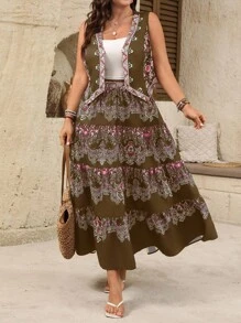 SHEIN Clasi 2pcs/Set Women Summer Casual Western Style V-Neck Sleeveless Top With Printed Pattern And Elastic Waist Long Skirt Boho Skirts For Women Bohemian Skirt Brown Long Skirt Tiered Maxi Skirt Bohemian Maxi Skirt - Coffee Brown - View 6