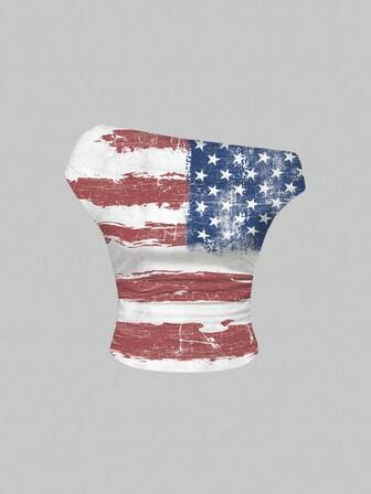 Grunge Punk T-shirt asimmetrica sexy con collo corto, stampa a quadri, bandiera americana retrò e stelle, design arricciacchiato sulla schiena, per donna