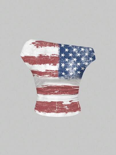 Grunge Punk Sexy Asymmetrical Neck Short Sleeve T-Shirt With Plaid, Retro American Flag And Star Print, Ruched Backless Design, For Women