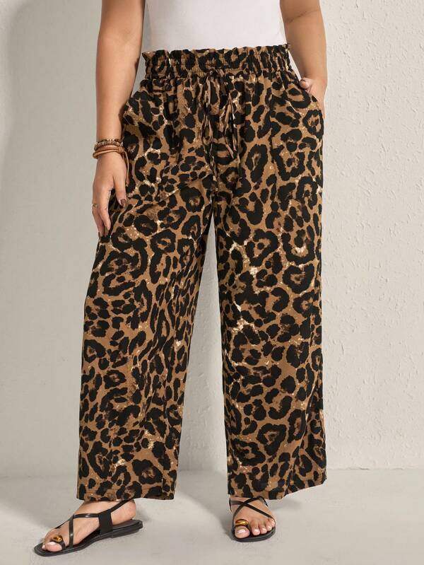SHEIN LUNE Plus Size Women's Ruffle Trim Front Tie Leopard Print Pocket Casual Pants