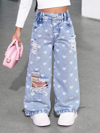 Jeans rectos sueltos de color azul medio lavado y rasgado con efecto desgastado para niñas, de material suave y cómodo, casual y versátil para niñas