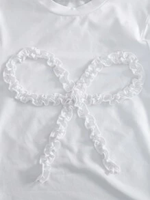 少女荷叶边蝴蝶结装饰短袖T恤和条纹迷你裙休闲两件套，适合学校、校园、大学穿着。少女蝴蝶结印花上衣和裙子套装，蓝色条纹裙子套装，两件套裙子套装，少女夏季裙子套装。 - 彩色 - 查看 3