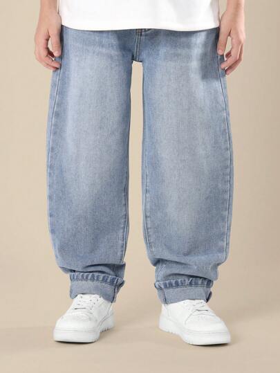 SUMWON Oversized Barrel Leg Denim Jeans Wide Fit Turn Up Cuff Relaxed Streetwear Youth Fashion Casual Urban Classic Baggy Style All Season Long Pants